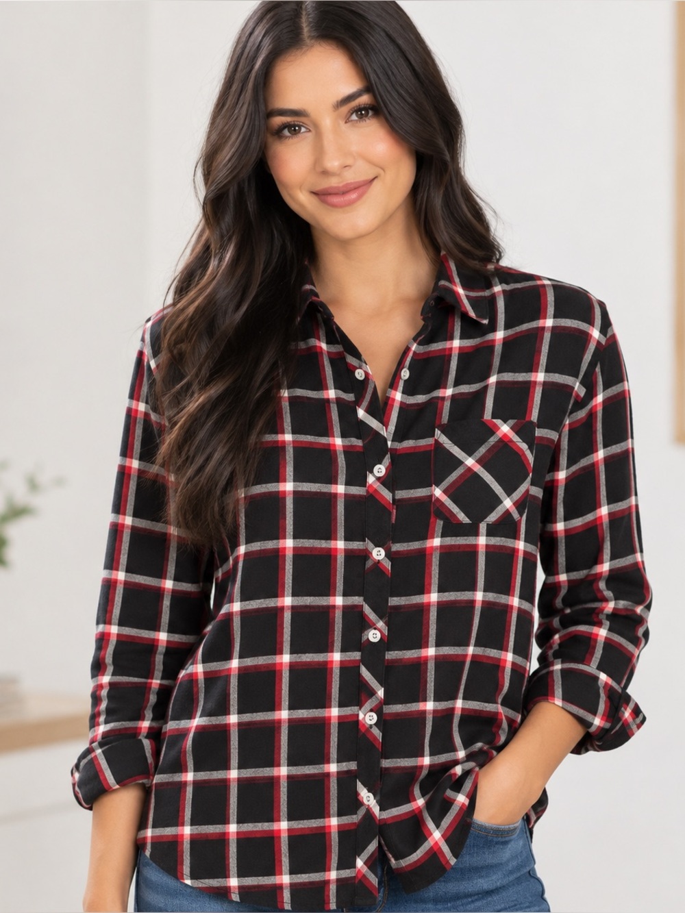 J.Jill Button Down Plaid Tunic Top Shirt Sz XS